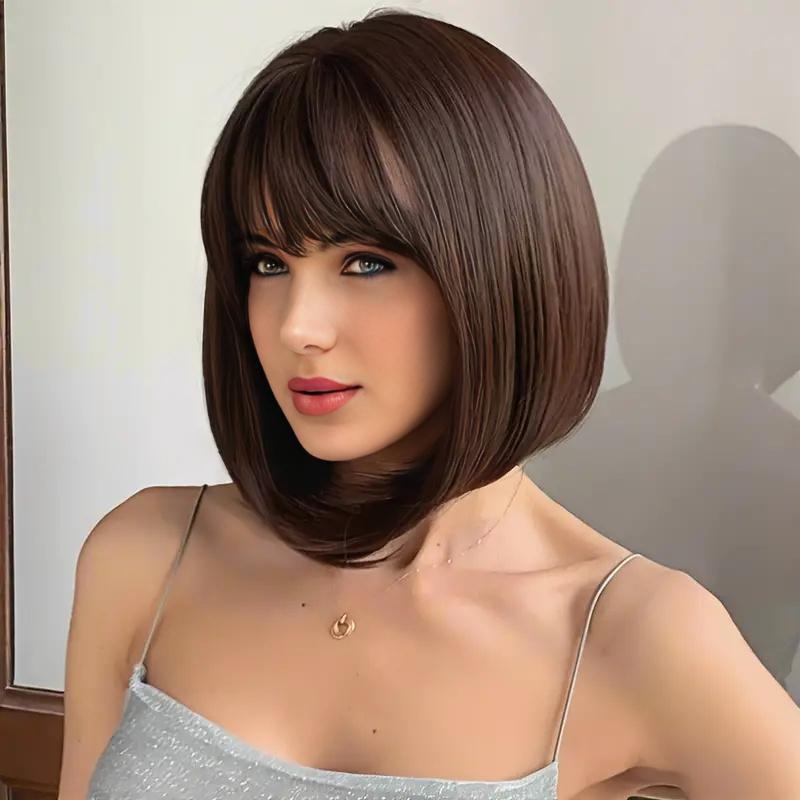 Perucă pentru femei, scurtă, drept, model 752, fibră rezistentă la temperaturi, breton aerian