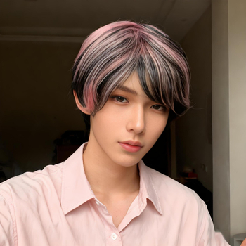 Perucă masculină, păr scurt drept cu breton oblic, mecanism de stilizare, model 213a, fibre rezistente la temperatură înaltă