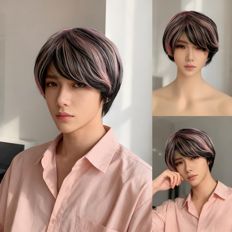 Perucă masculină, păr scurt drept cu breton oblic, mecanism de stilizare, model 213a, fibre rezistente la temperatură înaltă