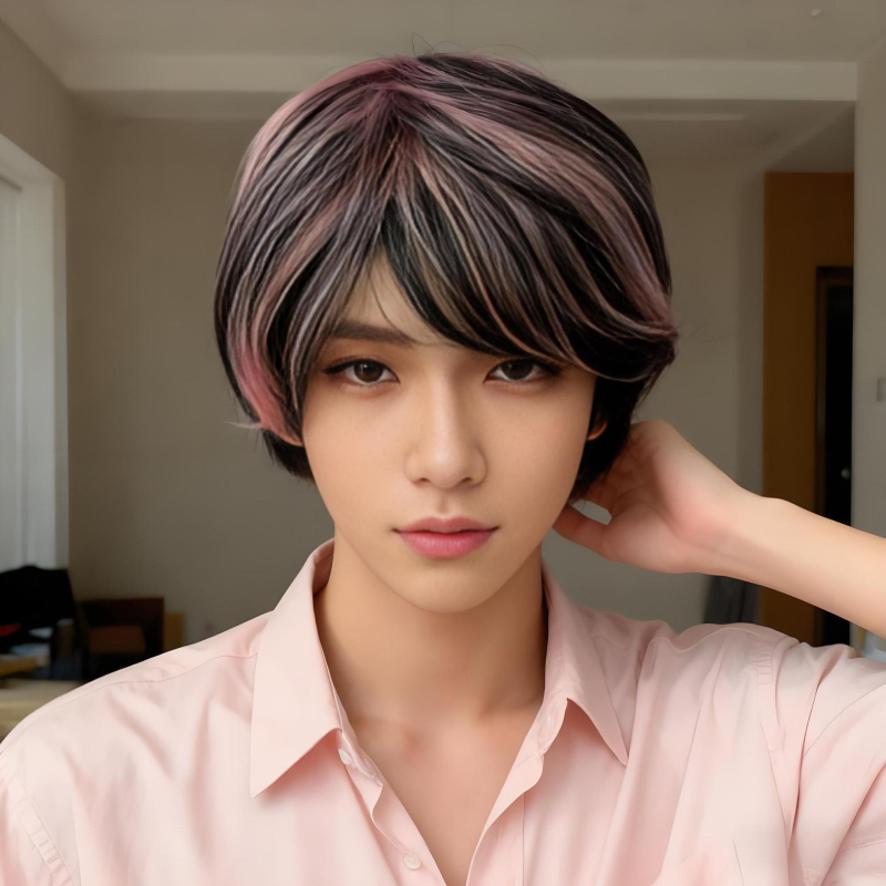 Perucă masculină, păr scurt drept cu breton oblic, mecanism de stilizare, model 213a, fibre rezistente la temperatură înaltă