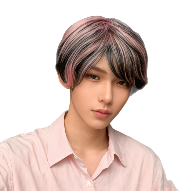 Perucă masculină, păr scurt drept cu breton oblic, mecanism de stilizare, model 213a, fibre rezistente la temperatură înaltă