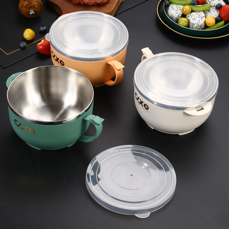 Cutie prânz pentru tăiței cu capac, rotund, din plastic + oțel inoxidabil, izolat, 800–1000 ml, pentru studenți