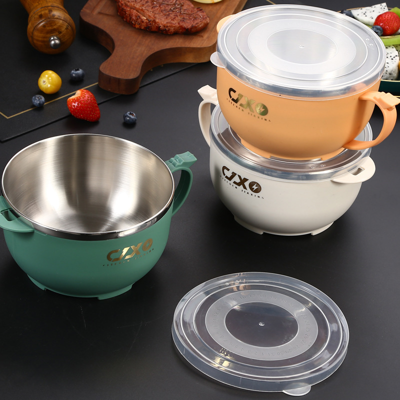 Cutie prânz pentru tăiței cu capac, rotund, din plastic + oțel inoxidabil, izolat, 800–1000 ml, pentru studenți