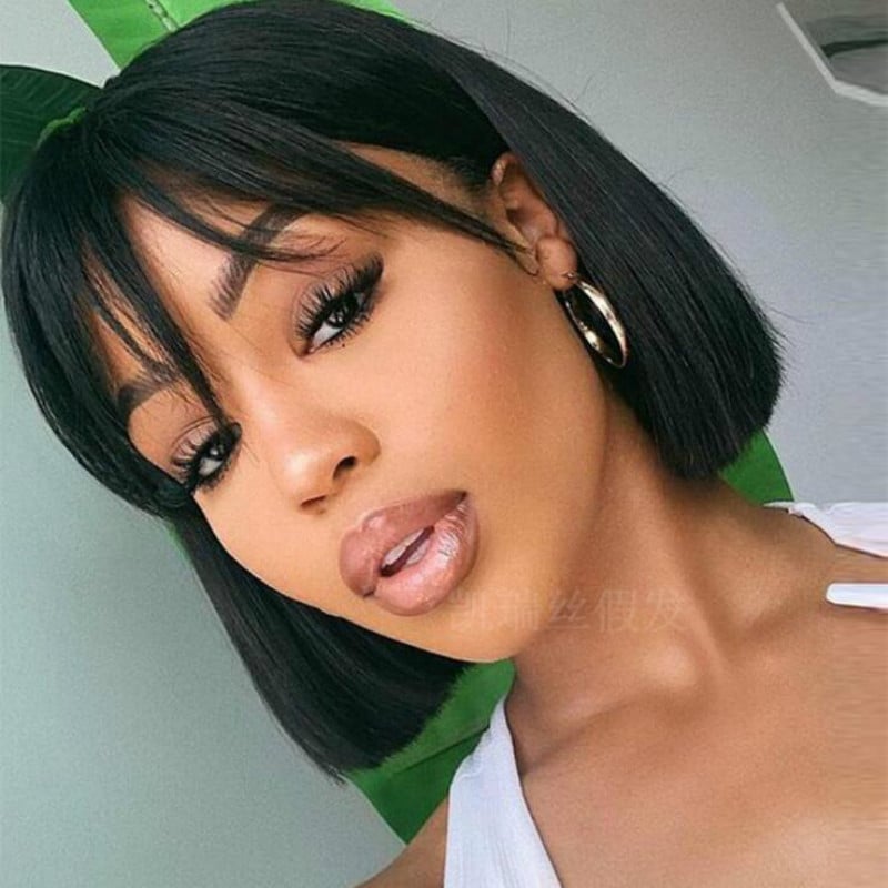 Perucă pentru păr scurt drept, breton Qi, aspect pufoasă natural, fibre rezistente la temperaturi înalte, model 741