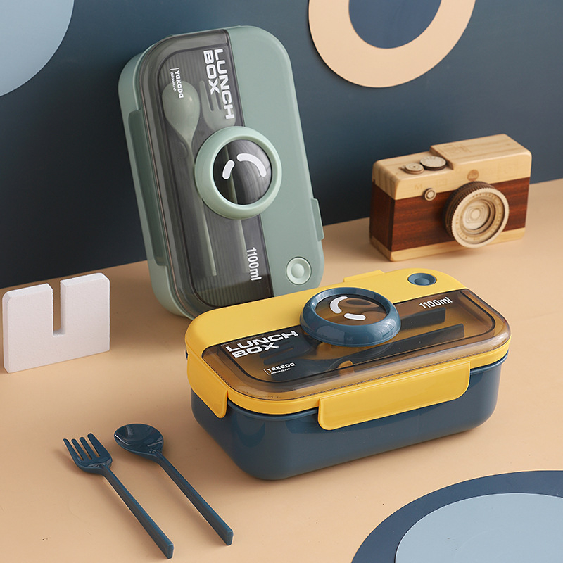 Cutie prânz cu tacâmuri, potrivită pentru microunde, dreptunghiulară din plastic, capacitate 1–2 L, etanșă, portabilă