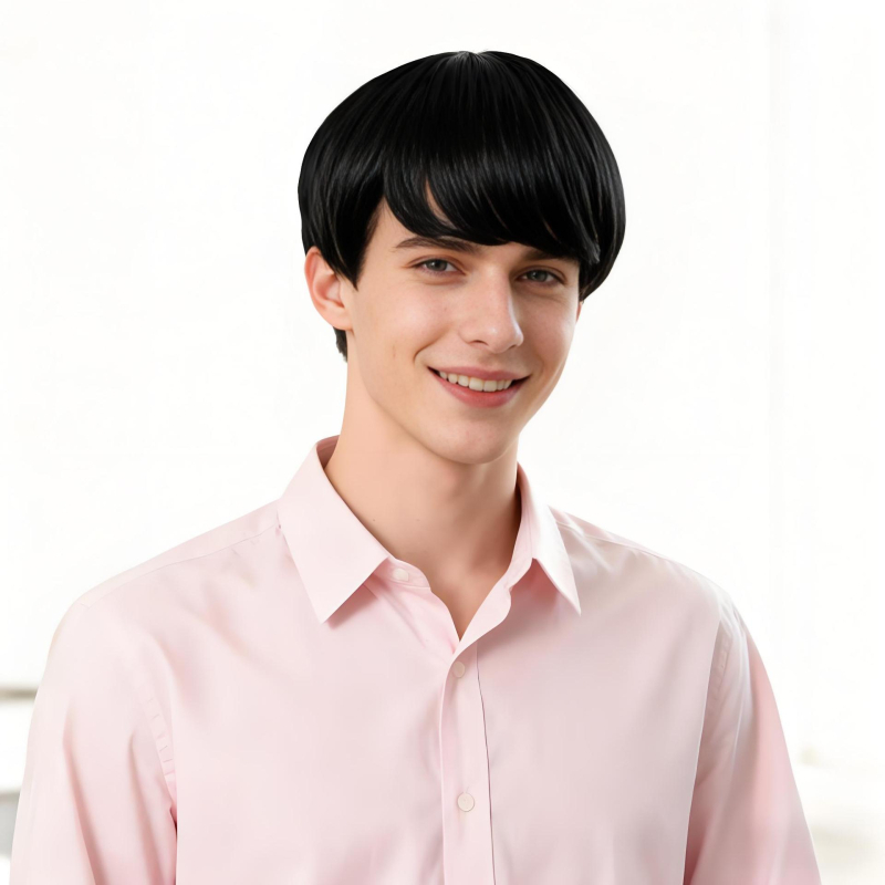 Perucă pentru bărbați — păr scurt drept, fibră rezistentă la temperaturi înalte, proces mecanic, poate fi vopsit și poate suporta tratament de permanent