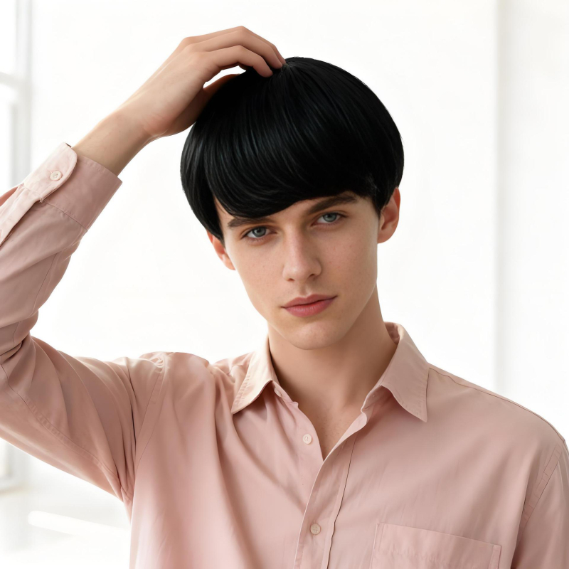 Perucă pentru bărbați — păr scurt drept, fibră rezistentă la temperaturi înalte, proces mecanic, poate fi vopsit și poate suporta tratament de permanent