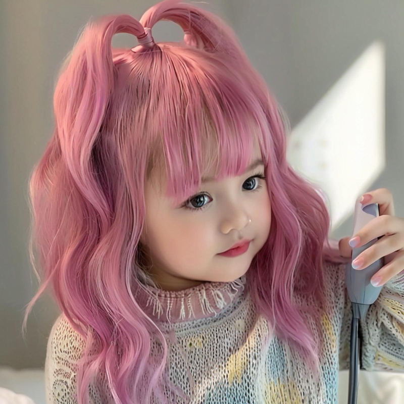 Perucă pentru copii, roz, bucle medii-lungi, fibre sintetice rezistente la temperatură, acoperire completă a capului, modelul 919, poate fi vopsită și îndreptată, mecanism