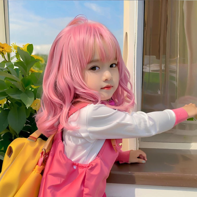 Perucă pentru copii, roz, bucle medii-lungi, fibre sintetice rezistente la temperatură, acoperire completă a capului, modelul 919, poate fi vopsită și îndreptată, mecanism