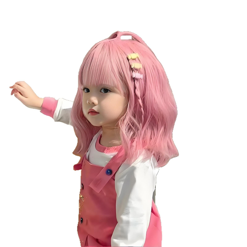 Perucă pentru copii, roz, bucle medii-lungi, fibre sintetice rezistente la temperatură, acoperire completă a capului, modelul 919, poate fi vopsită și îndreptată, mecanism