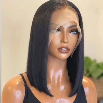 Perucă cu dantelă frontală, păr uman drept, model L1446, fibre rezistente la căldură, poate fi vopsită sau îndreptată