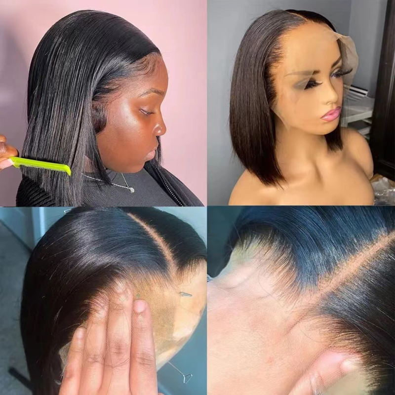 Perucă cu dantelă frontală, păr uman drept, model L1446, fibre rezistente la căldură, poate fi vopsită sau îndreptată