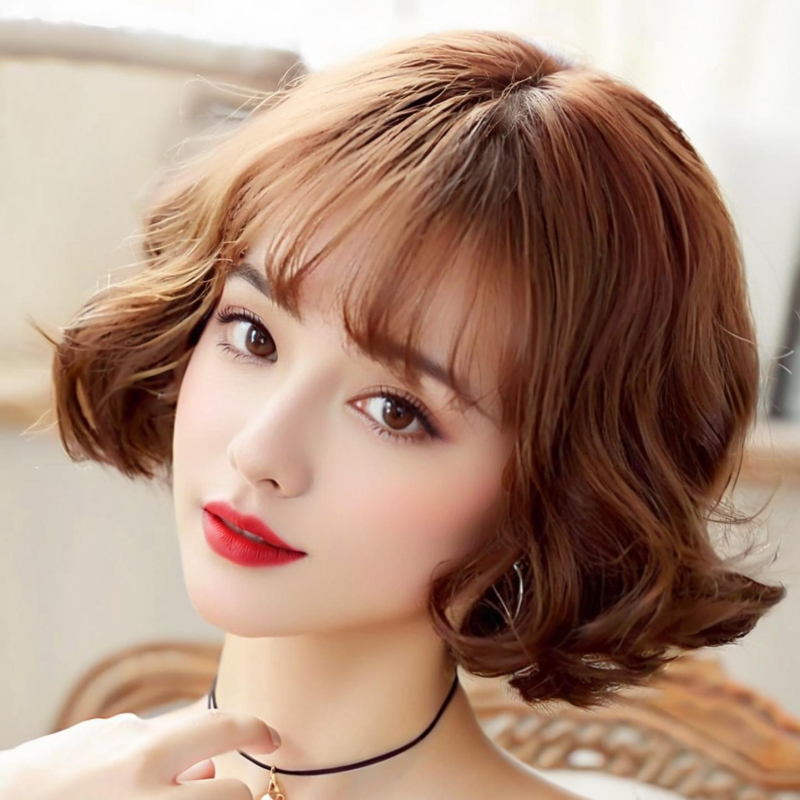 Perucă pentru femei, stil coreean, păr scurt buclat, breton aerian, păr sintetic rezistent la temperaturi înalte