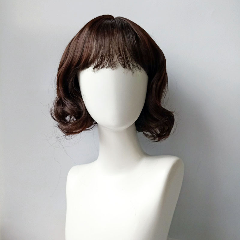 Perucă pentru femei, stil coreean, păr scurt buclat, breton aerian, păr sintetic rezistent la temperaturi înalte