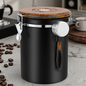 Container pentru boabe de cafea din oțel inoxidabil 304, cu lingură metalică, recipient rotund pentru bucătărie, capacitate 1–2 L