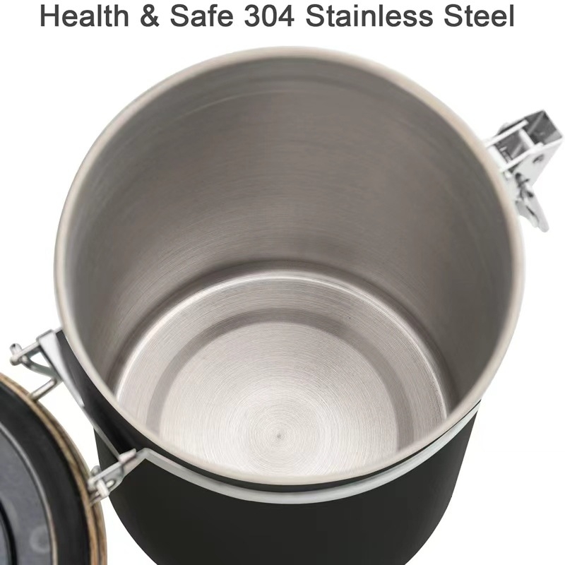 Container pentru boabe de cafea din oțel inoxidabil 304, cu lingură metalică, recipient rotund pentru bucătărie, capacitate 1–2 L