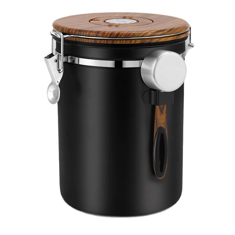 Container pentru boabe de cafea din oțel inoxidabil 304, cu lingură metalică, recipient rotund pentru bucătărie, capacitate 1–2 L