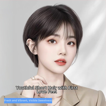 Perucă din păr uman, model 6059, cu breton Qi, păr drept, mecanism de stilizare pentru schimbare instantanee a coafurii