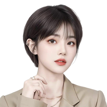 Perucă din păr uman, model 6059, cu breton Qi, păr drept, mecanism de stilizare pentru schimbare instantanee a coafurii