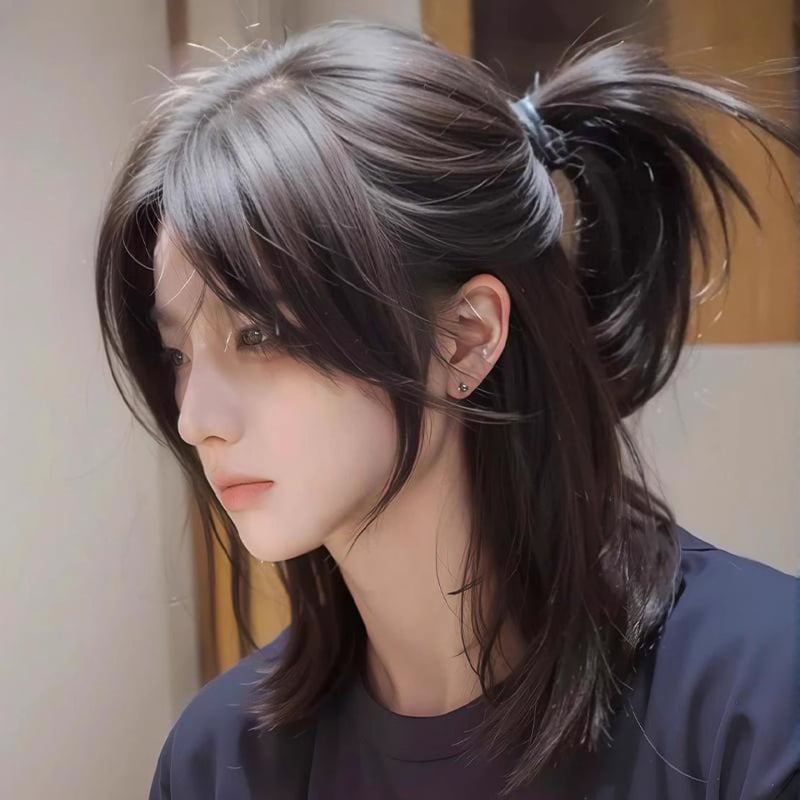 Teljes fejfedős paróka hosszú hajjal, japán stílusú mullet, középen elválasztott fringe, hőálló huzal, nőknek