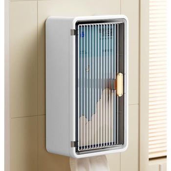 Επιτοίχια θήκη χαρτοπετσετών μπάνιου, με κολλητή εγκατάσταση, πλαστική, αδιάβροχη, ανθεκτική στη σκόνη, αποσπώμενος χώρος για χαρτί, πολυλειτουργική αποθήκευση καλλυντικών