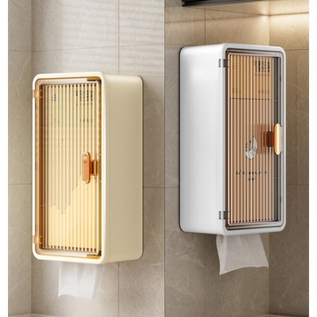 Επιτοίχια θήκη χαρτοπετσετών μπάνιου, με κολλητή εγκατάσταση, πλαστική, αδιάβροχη, ανθεκτική στη σκόνη, αποσπώμενος χώρος για χαρτί, πολυλειτουργική αποθήκευση καλλυντικών