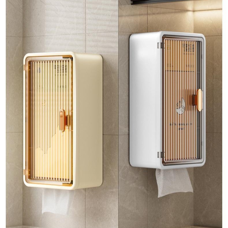 Επιτοίχια θήκη χαρτοπετσετών μπάνιου, με κολλητή εγκατάσταση, πλαστική, αδιάβροχη, ανθεκτική στη σκόνη, αποσπώμενος χώρος για χαρτί, πολυλειτουργική αποθήκευση καλλυντικών