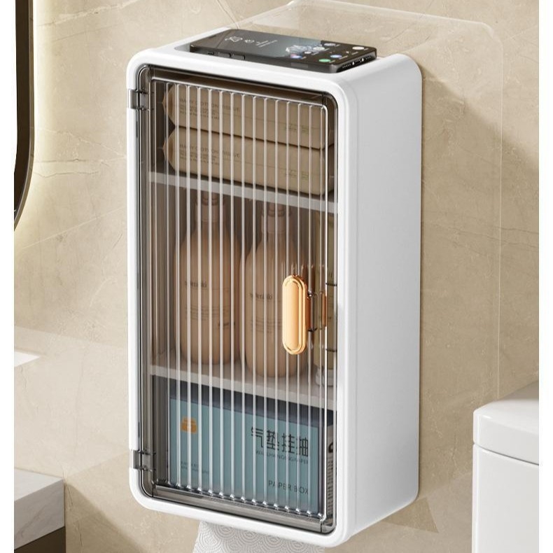 Επιτοίχια θήκη χαρτοπετσετών μπάνιου, με κολλητή εγκατάσταση, πλαστική, αδιάβροχη, ανθεκτική στη σκόνη, αποσπώμενος χώρος για χαρτί, πολυλειτουργική αποθήκευση καλλυντικών