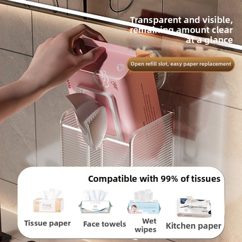 Cutie de șervețele cu ventuză, transparentă, montaj pe perete - PET, set de 50 de bucăți, imprimare logo disponibil, design modern minimalist, multifuncțional