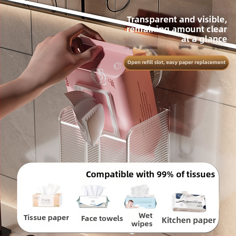 Cutie de șervețele cu ventuză, transparentă, montaj pe perete - PET, set de 50 de bucăți, imprimare logo disponibil, design modern minimalist, multifuncțional