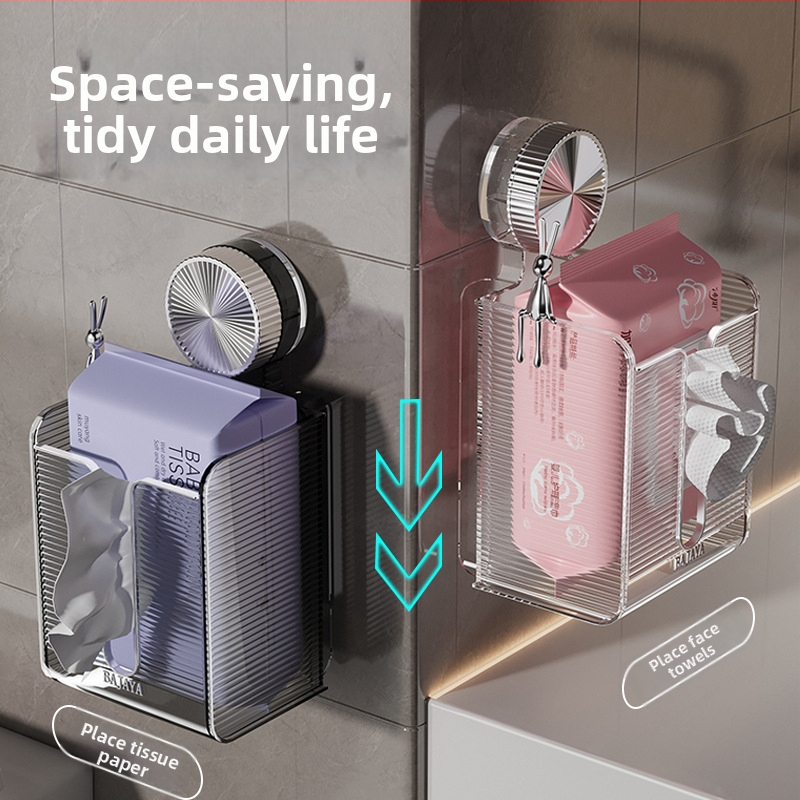 Cutie de șervețele cu ventuză, transparentă, montaj pe perete - PET, set de 50 de bucăți, imprimare logo disponibil, design modern minimalist, multifuncțional