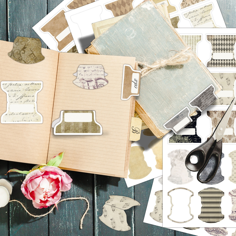 Set etichete index pentru jurnal – 4 foi, 88 etichete cu dungi retro, etichete din hârtie rezistente la apă, stil scris de mână