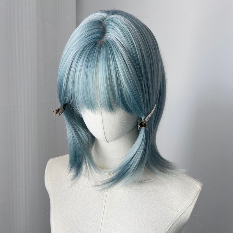 Perucă pentru femei – stil mullet și coadă de lup, breton Qi, păr până la clavicule, fibră termorezistentă