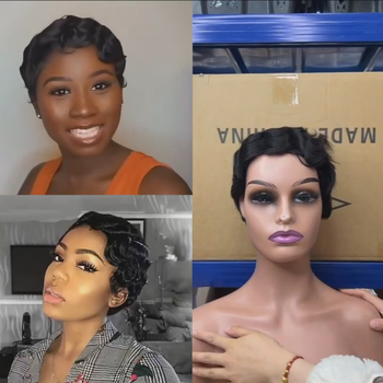 Teljes fejre szóló paróka, emberi hajból, retro stílus, Shanghai head modell, rövid göndör pixie fazon, hőálló 180°C-ig
