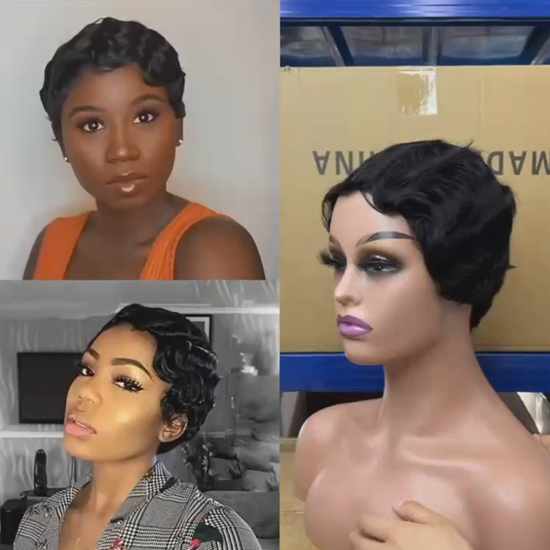 Teljes fejre szóló paróka, emberi hajból, retro stílus, Shanghai head modell, rövid göndör pixie fazon, hőálló 180°C-ig