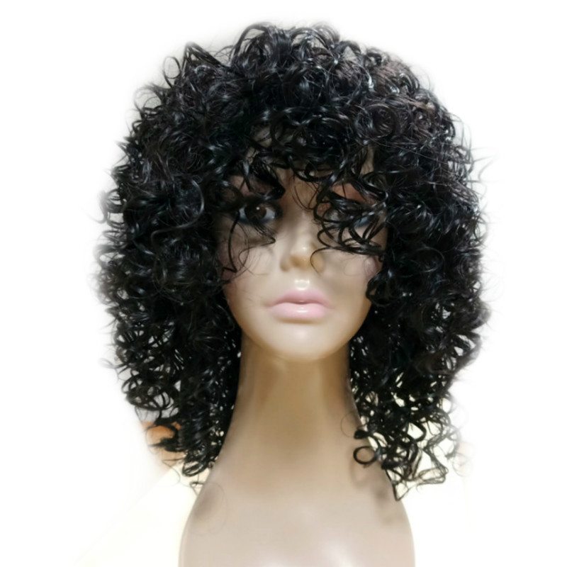 Perucă afro cu bucle scurte, stil exotic, model K143; fir rezistent la temperatură; frunte: roll bangs; Poate fi vopsită; Proces de prelucrare: mecanism