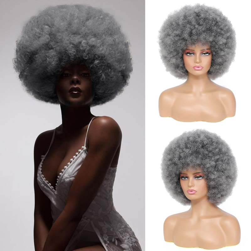 Rövid, göndör Afro paróka, modell Xm2151-grey, magas hőmérsékletű huzal haj, mechanizmusos feldolgozás, göndör frufru, univerzális méret, nem festhető vagy permelhető