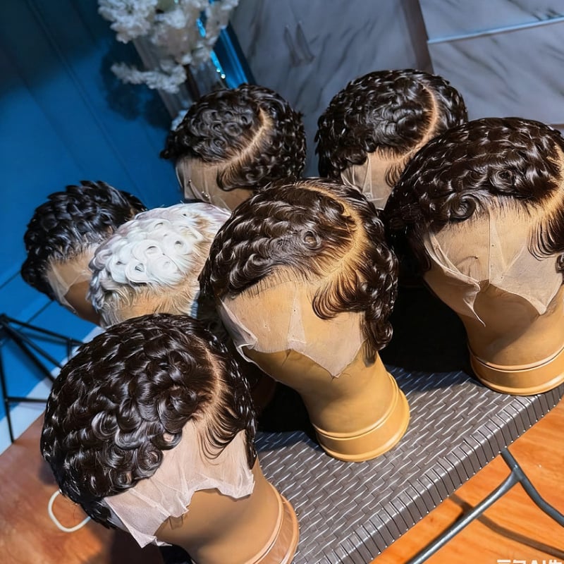 Pixie Cut paróka, rövid göndör haj, valódi emberi hajból, elülső csipke, ragasztó nélküli paróka sapka, méret 13x4