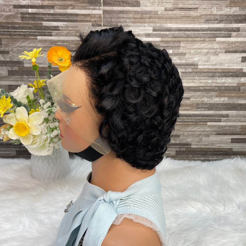Pixie Cut paróka, rövid göndör haj, valódi emberi hajból, elülső csipke, ragasztó nélküli paróka sapka, méret 13x4