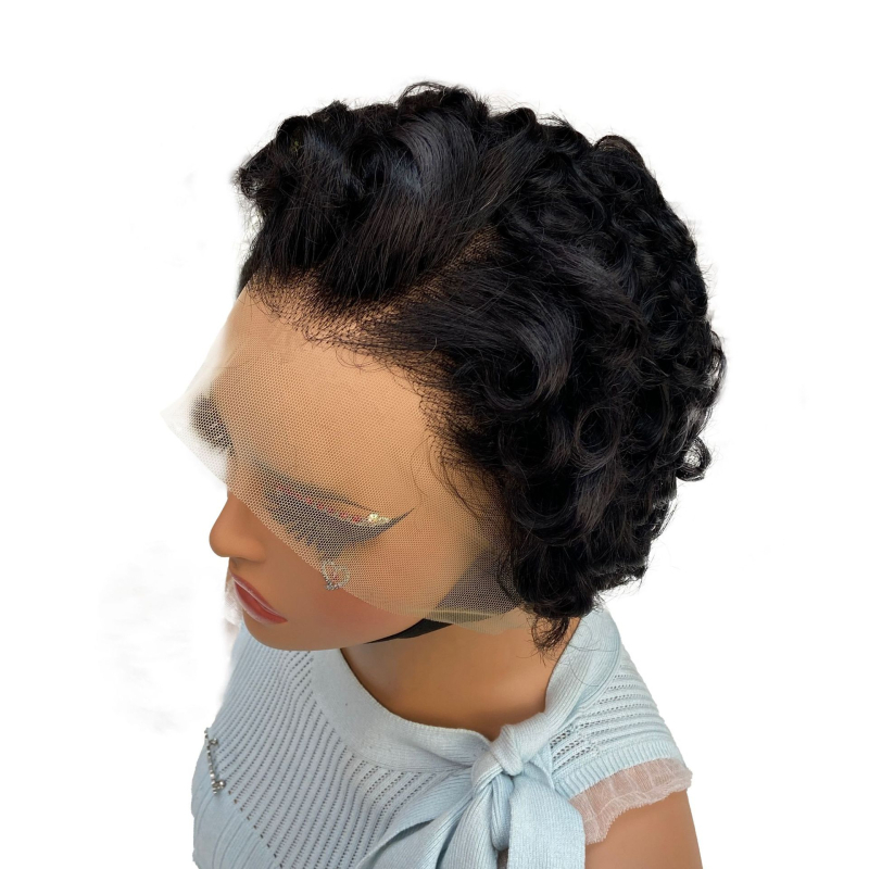 Pixie Cut paróka, rövid göndör haj, valódi emberi hajból, elülső csipke, ragasztó nélküli paróka sapka, méret 13x4