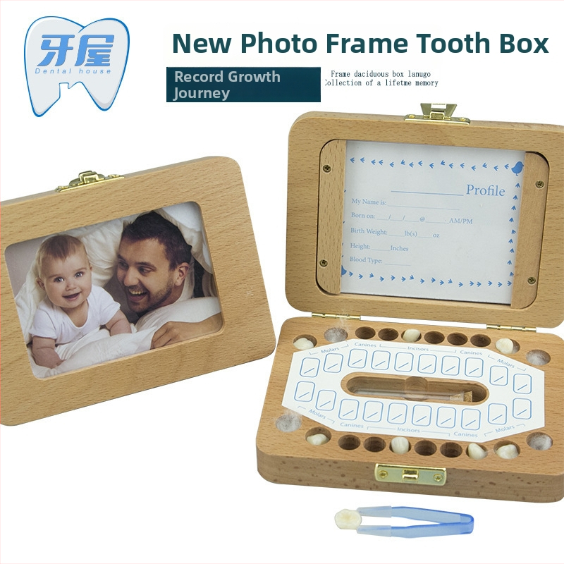Drvena kutija za uspomene mliječnih zuba i dječje kose s fotografskim okvirom, za djecu 0–3 godine