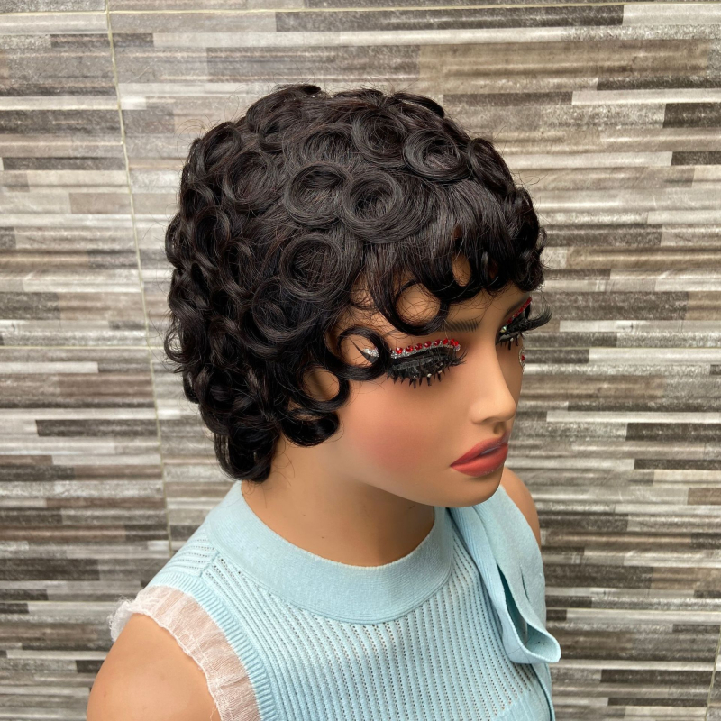 Pixie cut paróka, 100% emberi haj, rövid göndör, festhető és göndöríthető, mechanikus kivitel