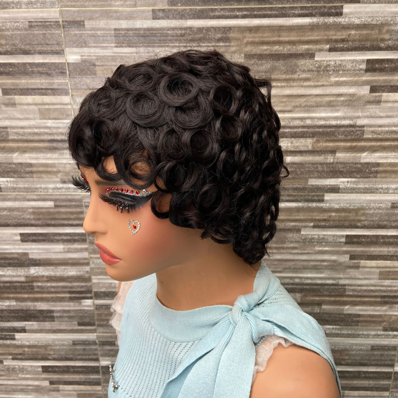 Pixie cut paróka, 100% emberi haj, rövid göndör, festhető és göndöríthető, mechanikus kivitel