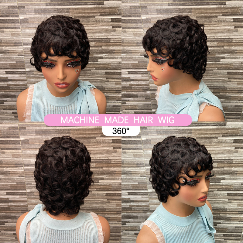 Pixie cut paróka, 100% emberi haj, rövid göndör, festhető és göndöríthető, mechanikus kivitel