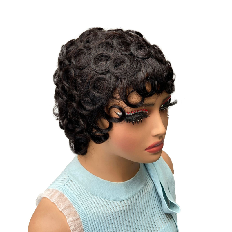 Pixie cut paróka, 100% emberi haj, rövid göndör, festhető és göndöríthető, mechanikus kivitel