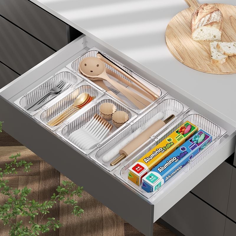 Plastični organizator pribora za kuhinjsku ladicu s odjeljcima za štapiće, vilice i noževe — moderni minimalistički dizajn, Shengmeijia.