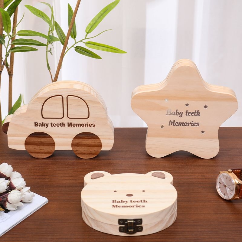 Drvena kutija za čuvanje mliječnih zuba s karikaturnim dizajnom, za dječake i djevojčice, pogodna za djecu od 0 do 3 godine