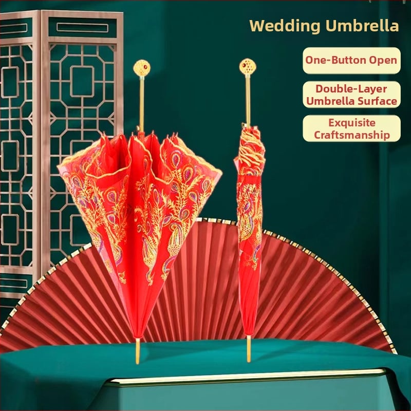 Ομπρέλα γάμου με δαντελωτή κέντηση, ρετρό κινεζικού στυλ, μακρύ κοντάρι; 8 ακτίνες από ίνες, αυτόματο άνοιγμα, ύφασμα 190T