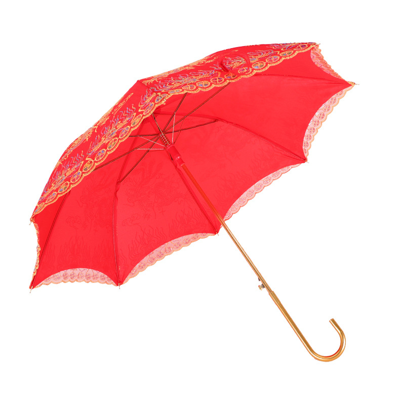 Ομπρέλα γάμου με δαντελωτή κέντηση, ρετρό κινεζικού στυλ, μακρύ κοντάρι; 8 ακτίνες από ίνες, αυτόματο άνοιγμα, ύφασμα 190T