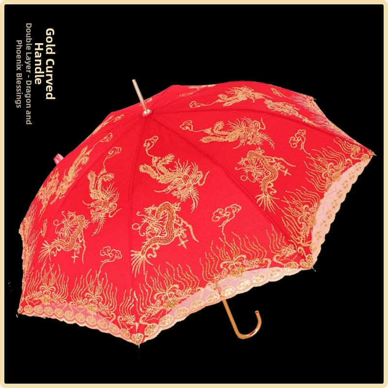 Ομπρέλα γάμου με δαντελωτή κέντηση, ρετρό κινεζικού στυλ, μακρύ κοντάρι; 8 ακτίνες από ίνες, αυτόματο άνοιγμα, ύφασμα 190T